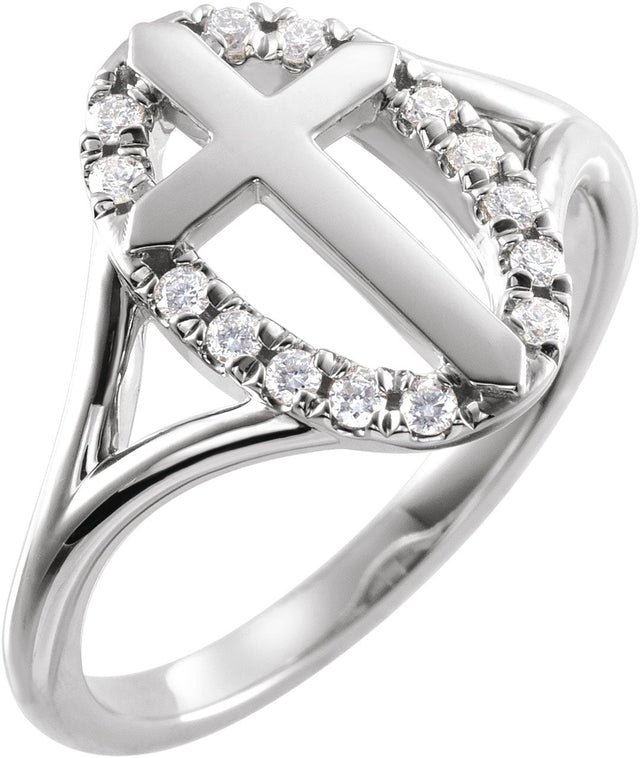 14K Gold Round Natural Diamond Halo-Style Cross Ring - White Gold