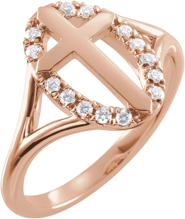 14K Gold Round Natural Diamond Halo-Style Cross Ring - Rose Gold