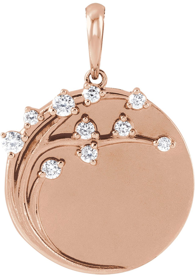 14K Gold Round Natural Diamond Engravable Family Tree Necklace or Pendant - Rose Gold
