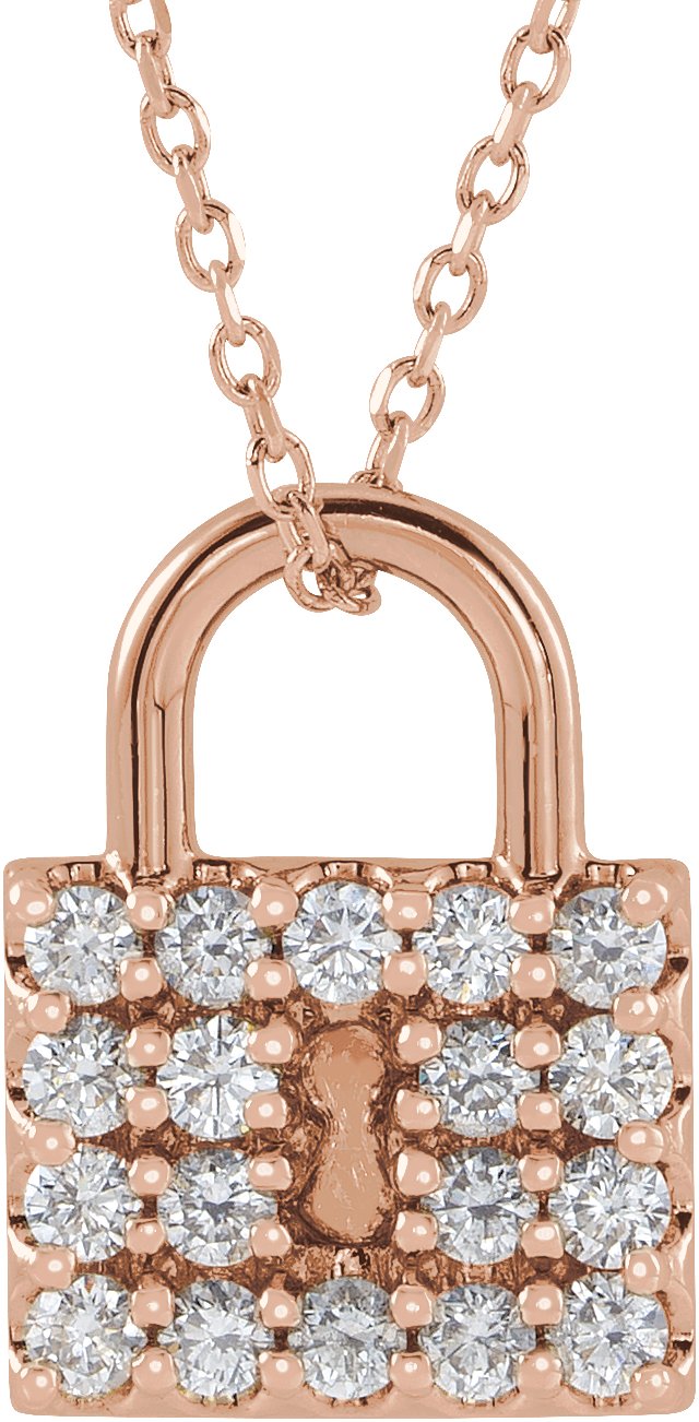 14K Gold Round Natural Diamond Lock Necklace or Pendant - Rose Gold