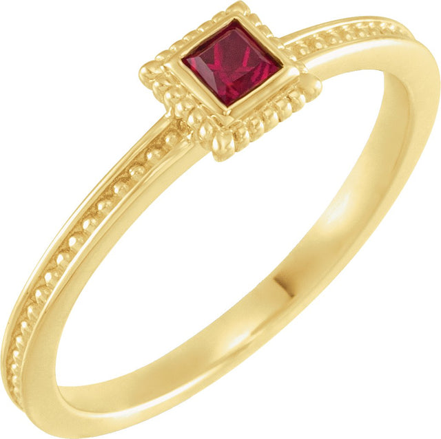 14K Gold Square Natural Ruby Family Stackable Ring - Yellow Gold