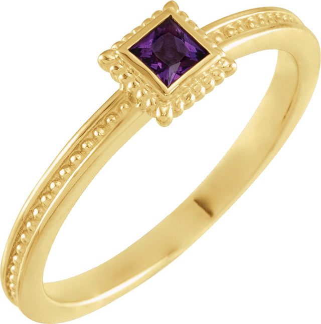 14K Gold Square Natural Amethyst Family Stackable Ring - Yellow Gold