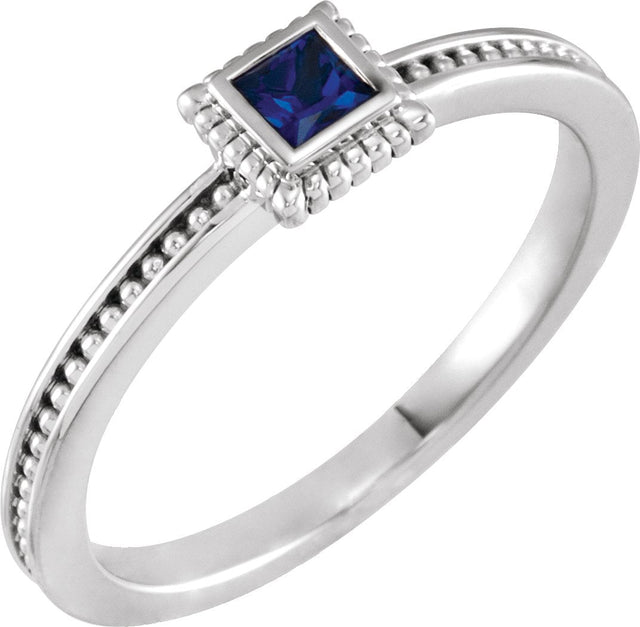 14K Gold Square Natural Blue Sapphire Family Stackable Ring - White Gold