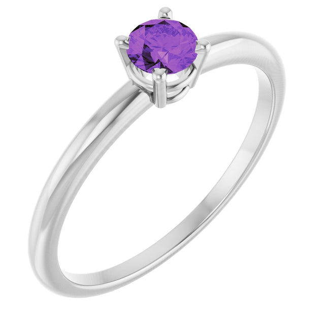 14K Gold Round Amethyst Youth Birthstone Ring - White Gold