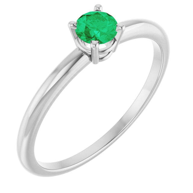14K Gold Round Emerald Youth Birthstone Ring - White Gold