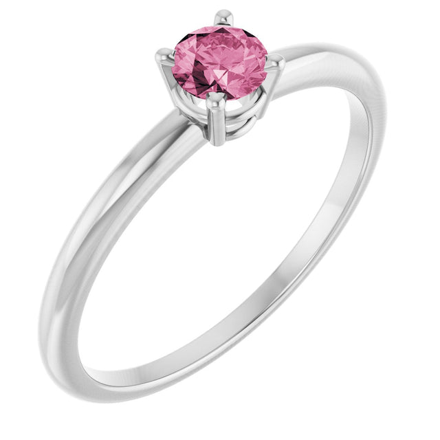 14K Gold Round Pink Tourmaline Youth Birthstone Ring - White Gold