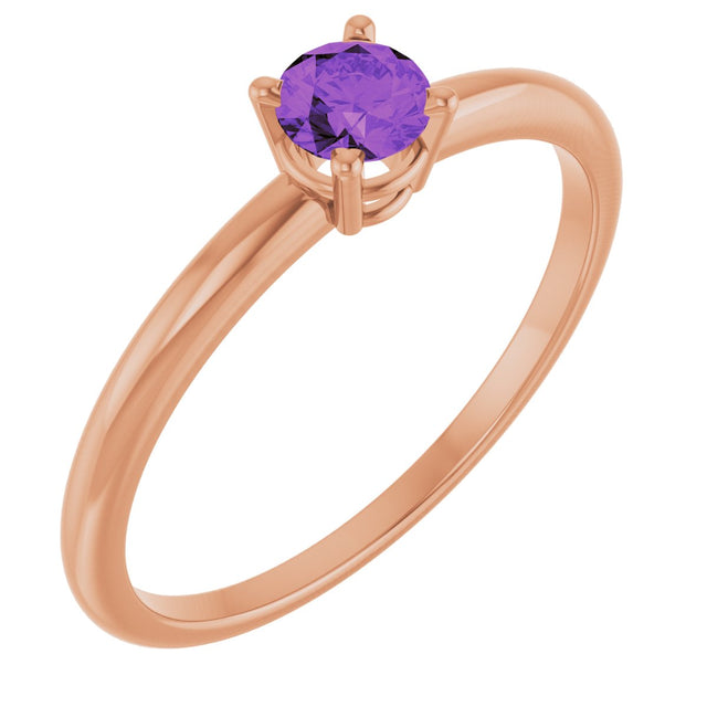 14K Gold Round Natural Amethyst Youth Birthstone Ring - Rose Gold