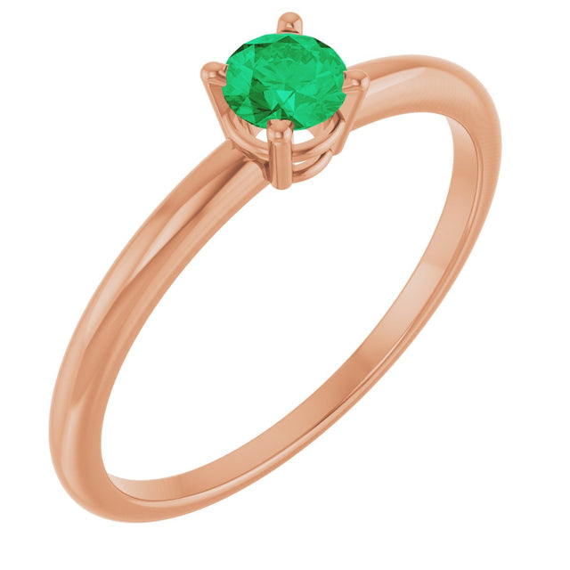 14K Gold Round Natural Emerald Youth Birthstone Ring - Rose Gold
