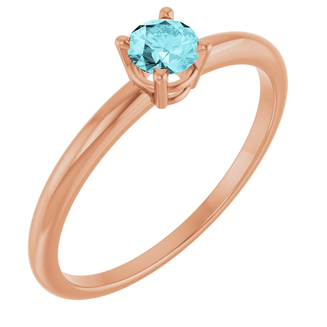 14K Gold Round Natural Blue Zircon Youth Birthstone Ring - Rose Gold