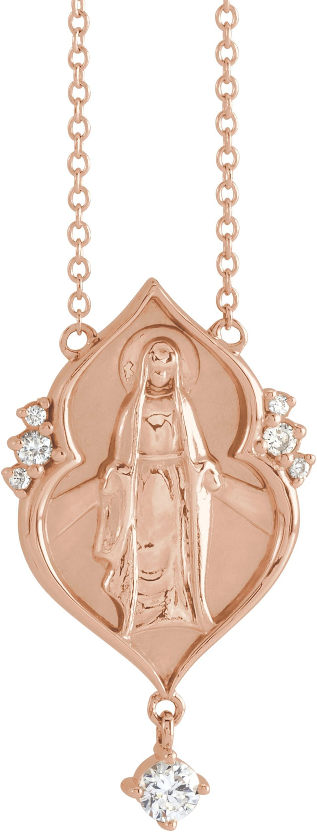14K Gold Round Natural Diamond Miraculous Mary Rosary Necklace - Rose Gold