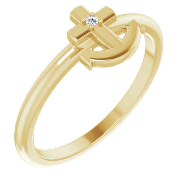 14K Gold Round Natural Diamond Cross Anchor Ring - Yellow Gold
