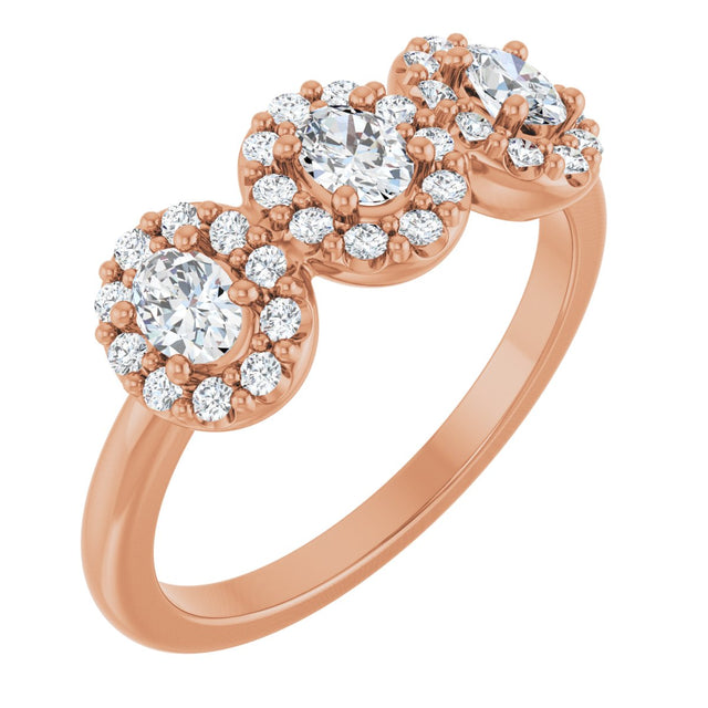 14K Gold Oval Natural Diamond Three-Stone Halo-Style Anniversary Band - Rose Gold
