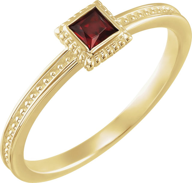14K Gold Square Natural Mozambique Garnet Family Stackable Ring - Yellow Gold