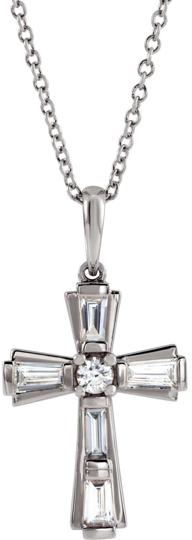 14K Gold Round Natural Diamond Accented Baguette Cross Necklace or Pendant - White Gold