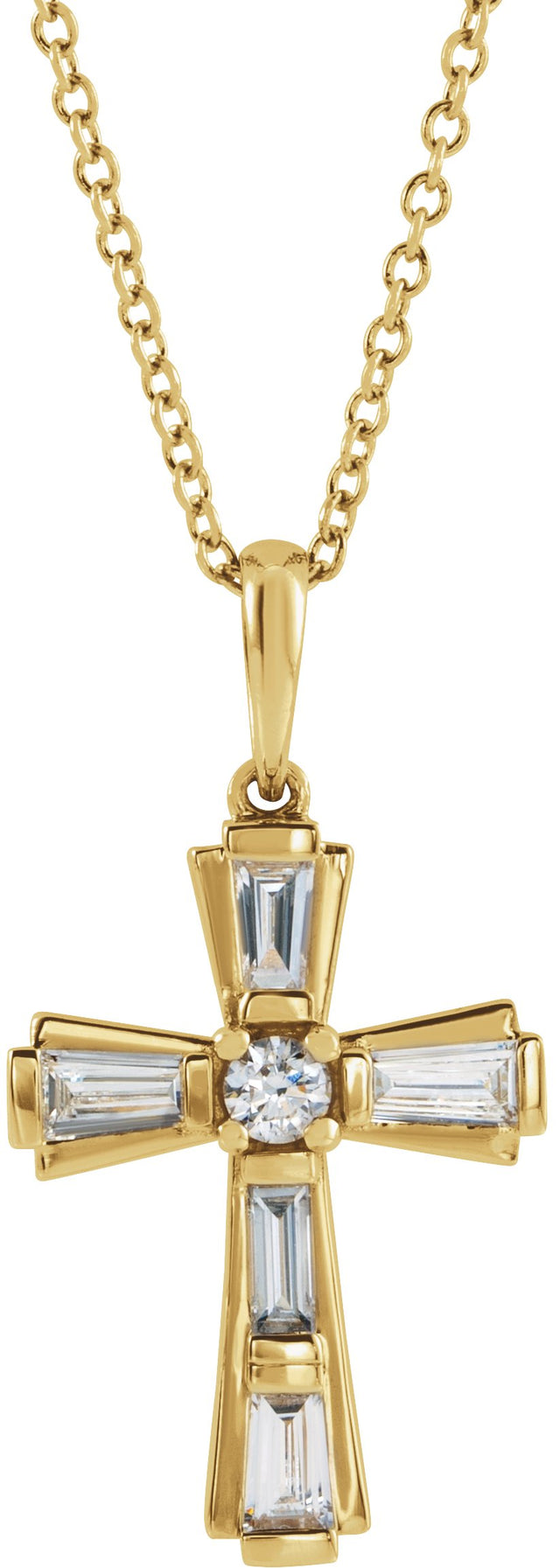 14K Gold Round Natural Diamond Accented Baguette Cross Necklace or Pendant - Yellow Gold