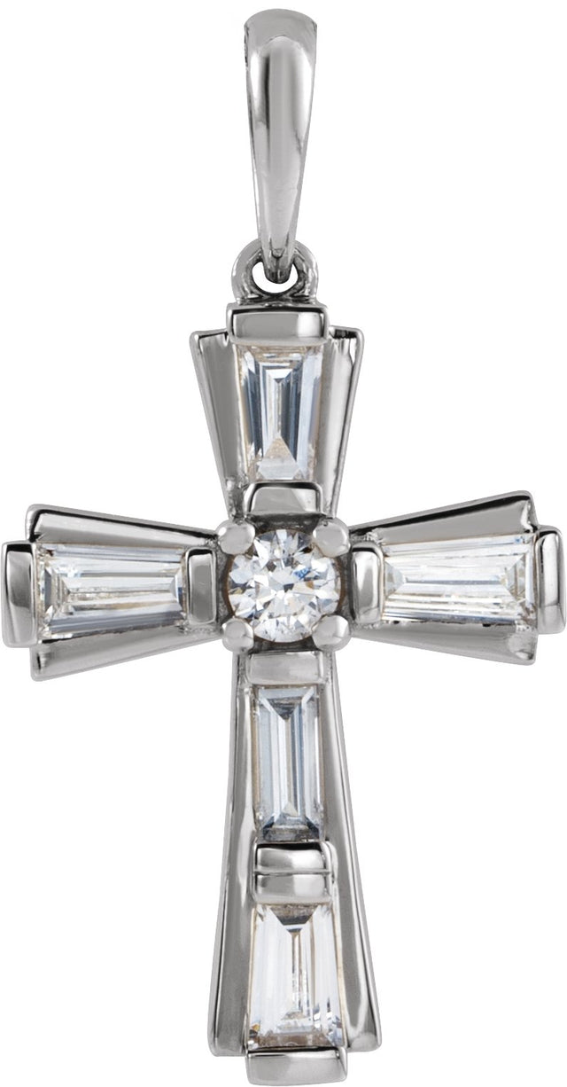 14K Gold Round Natural Diamond Accented Baguette Cross Necklace or Pendant - White Gold