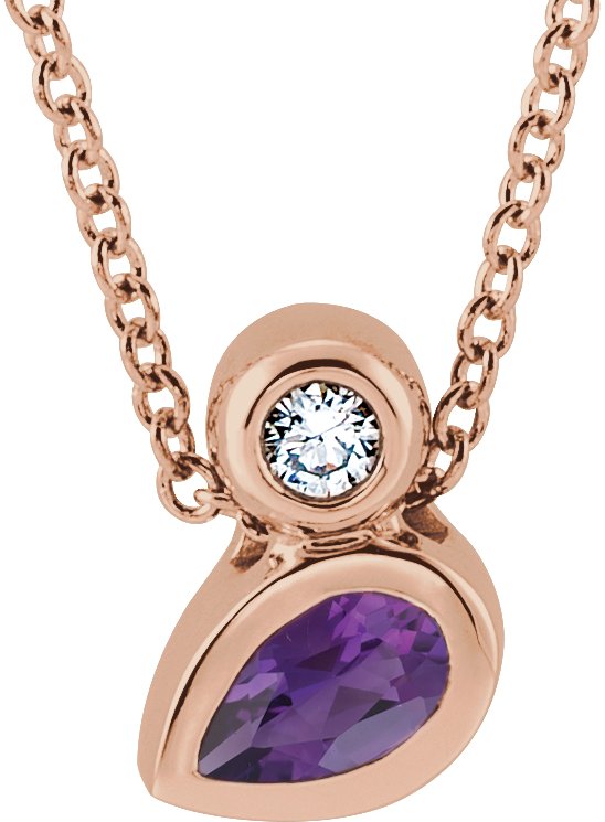 14K Gold Oval Natural Amethyst Bezel-Set Necklace or Slide Pendant - Rose Gold