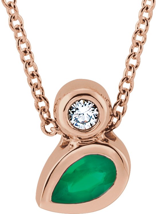 14K Gold Oval Natural Emerald Bezel-Set Necklace or Slide Pendant - Rose Gold