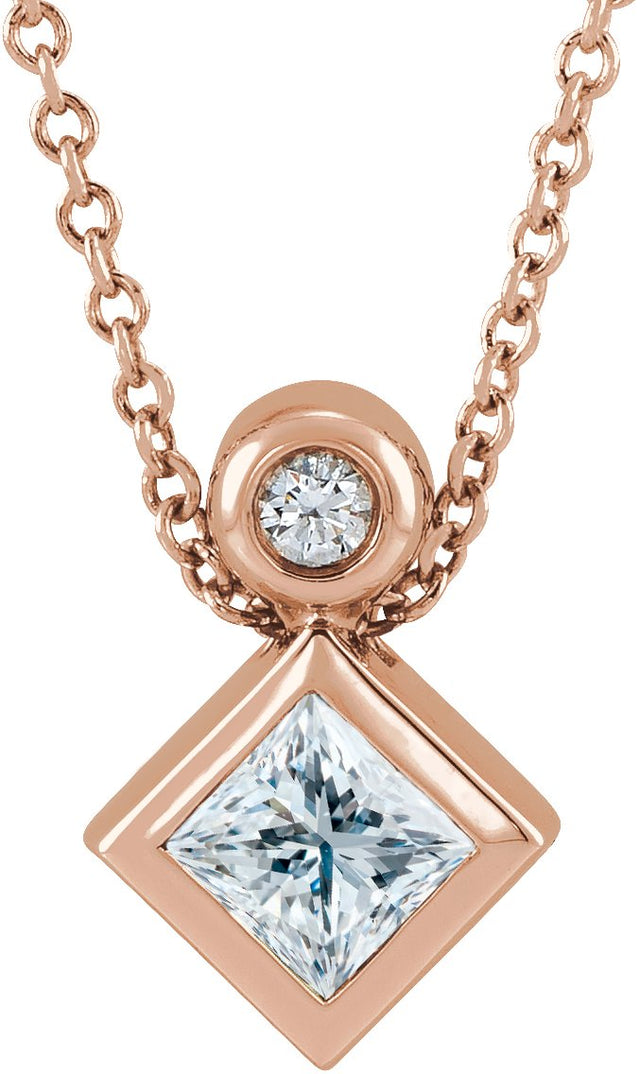 14K Gold Oval Natural White Sapphire Bezel-Set Necklace or Slide Pendant - Rose Gold
