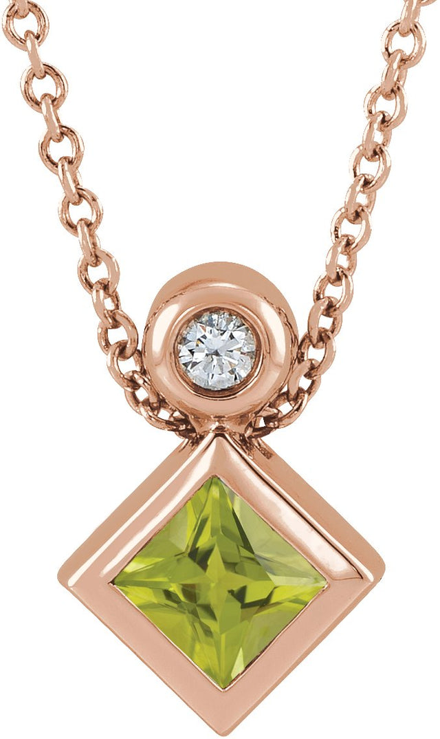 14K Gold Oval Natural Peridot Bezel-Set Necklace or Slide Pendant - Rose Gold