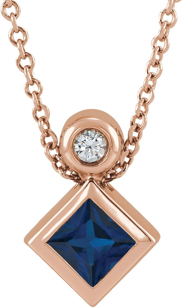 14K Gold Oval Lab-Grown Blue Sapphire Bezel-Set Necklace or Slide Pendant - Rose Gold