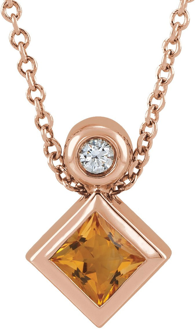 14K Gold Oval Natural Citrine Bezel-Set Necklace or Slide Pendant - Rose Gold