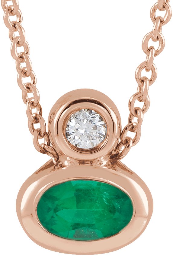 14K Gold Oval Lab-Grown Emerald Bezel-Set Necklace or Slide Pendant - Rose Gold