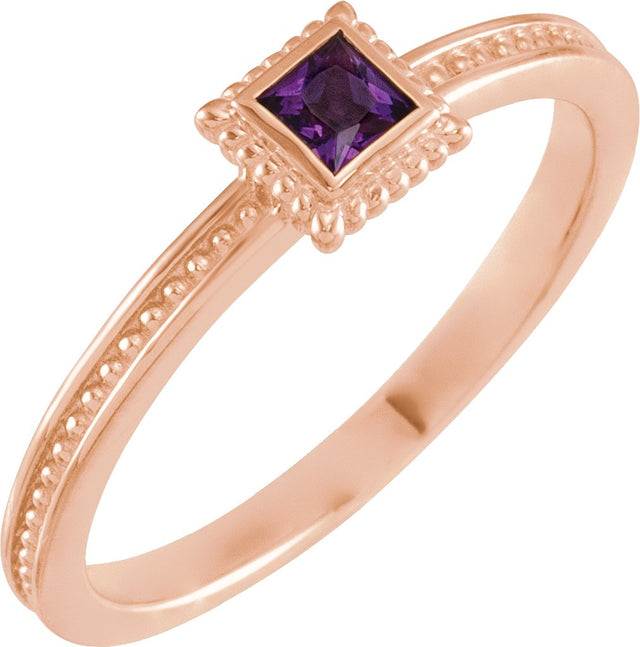 14K Gold Square Natural Amethyst Family Stackable Ring - Rose Gold