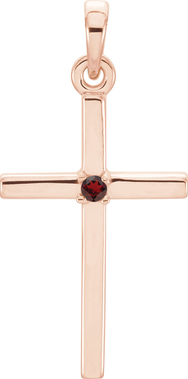 14K Gold Round Natural Mozambique Garnet Birthstone Cross Pendant - Rose Gold