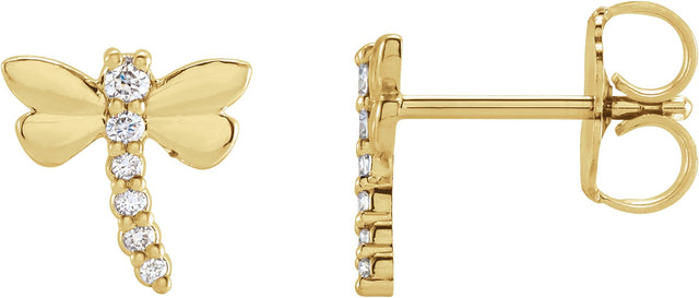 14K Gold Round Natural Diamond Dragonfly Earrings - Yellow Gold