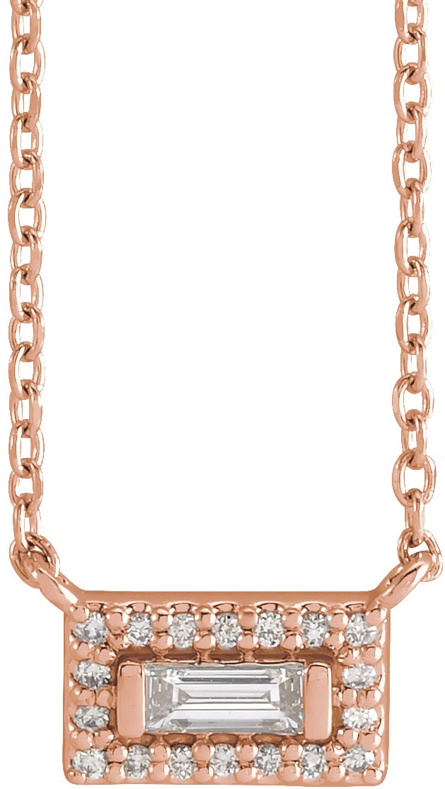14K Gold Straight Baguette Natural Diamond Halo-Style Necklace - Rose Gold