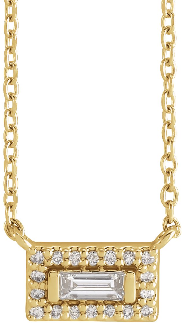 14K Gold Straight Baguette Natural Diamond Halo-Style Necklace - Yellow Gold