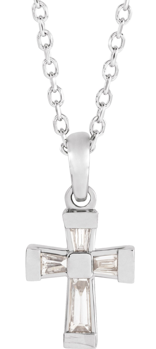 14K Gold Tapered Baguette Natural Diamond Accented Cross Necklace or Pendant - White Gold