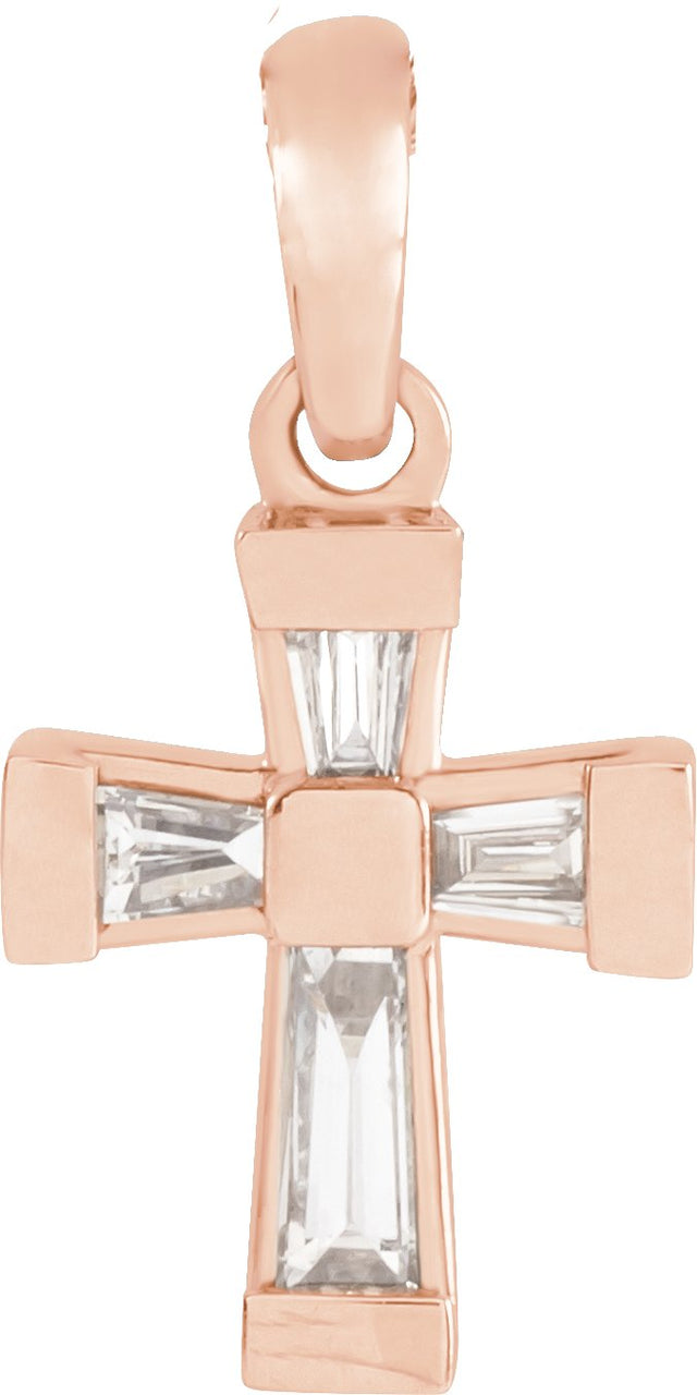 14K Gold Tapered Baguette Natural Diamond Accented Cross Necklace or Pendant - Rose Gold