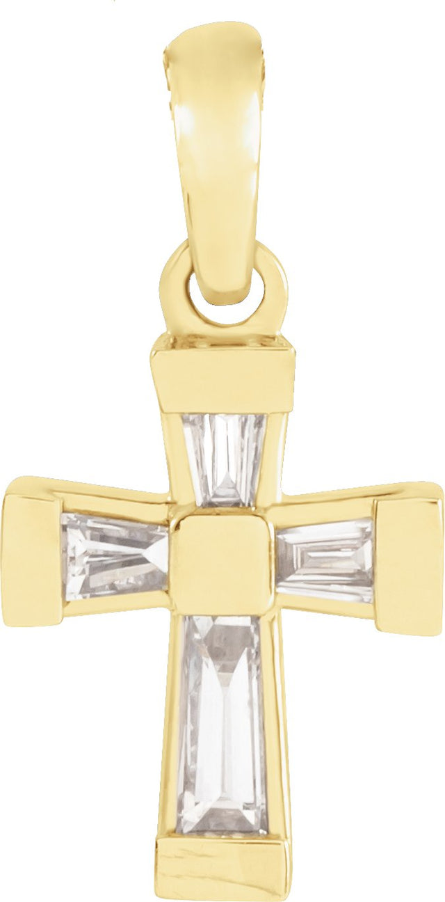 14K Gold Tapered Baguette Natural Diamond Accented Cross Necklace or Pendant - Yellow Gold