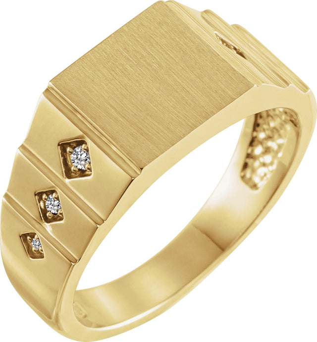 14K Gold Round Natural Diamond Geometric Signet Ring II - Yellow Gold