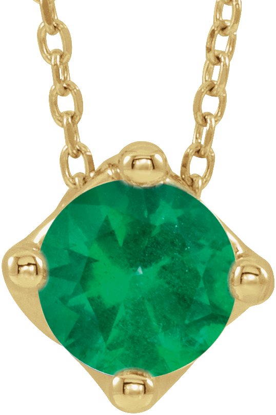14K Gold Round Natural Emerald Solitaire Necklace or Slide Pendant - Yellow Gold