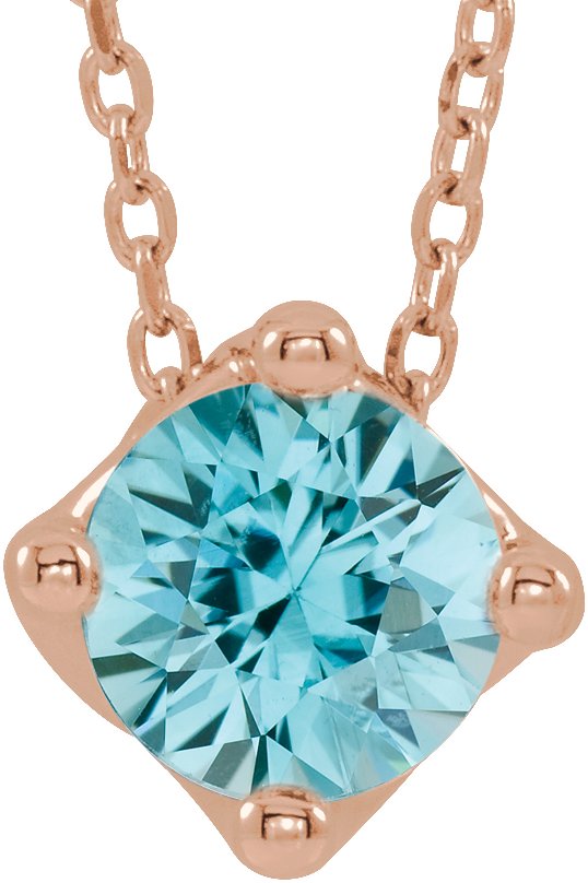 14K Gold Round Natural Blue Zircon Solitaire Necklace or Slide Pendant - Rose Gold
