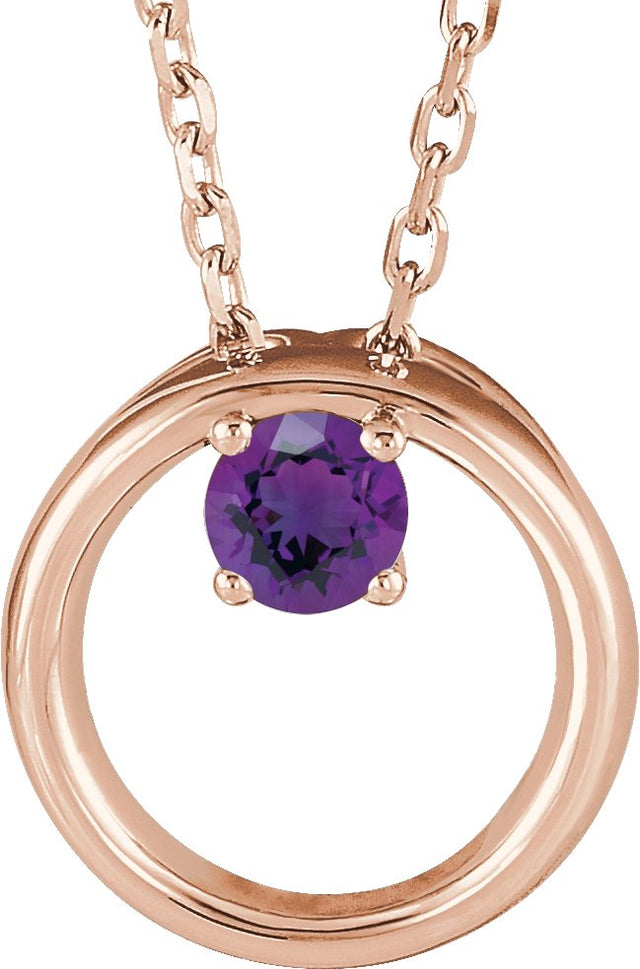 14K Gold Round Natural Amethyst Circle Necklace - Rose Gold