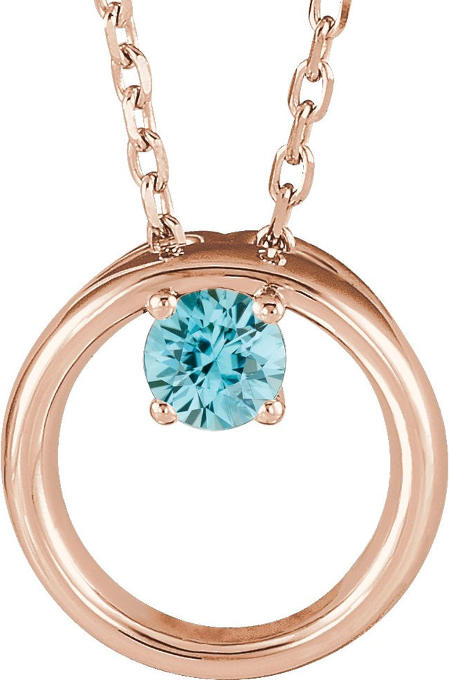 14K Gold Round Natural Blue Zircon Circle Necklace - Rose Gold
