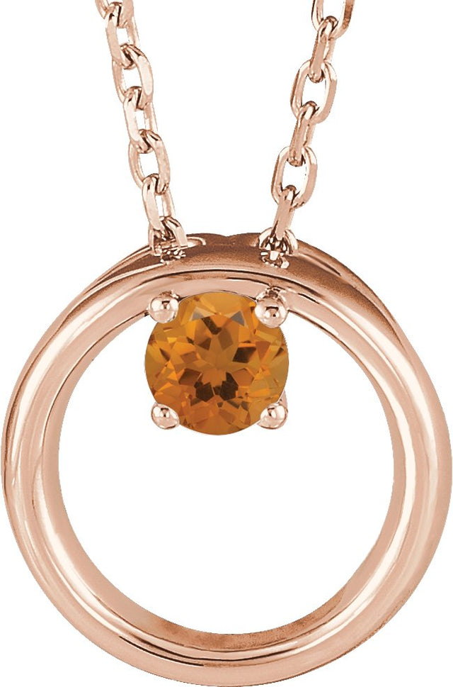 14K Gold Round Natural Citrine Circle Necklace - Rose Gold