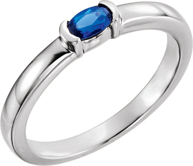 14K Gold Oval Natural Blue Sapphire Half-Bezel Family Stackable Ring - White Gold