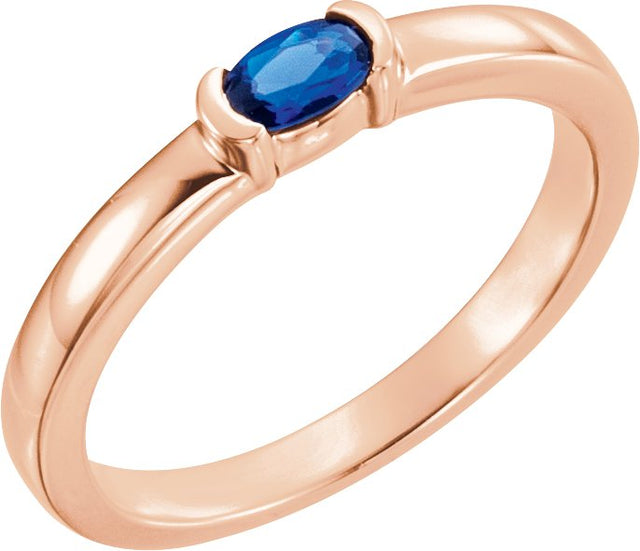 14K Gold Oval Lab-Grown Blue Sapphire Half-Bezel Family Stackable Ring - Rose Gold