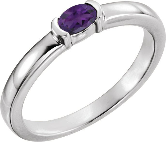 14K Gold Oval Natural Amethyst Half-Bezel Family Stackable Ring - White Gold