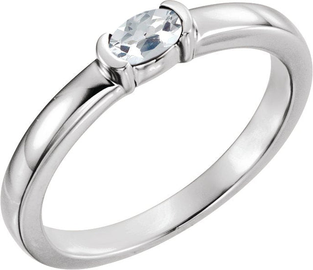 14K Gold Oval Natural White Sapphire Half-Bezel Family Stackable Ring - White Gold