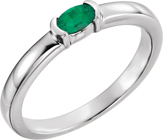 14K Gold Oval Natural Emerald Half-Bezel Family Stackable Ring - White Gold