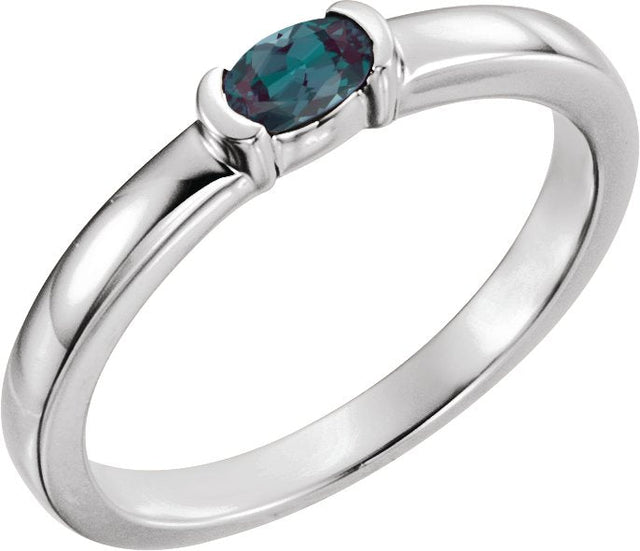 14K Gold Oval Lab-Grown Alexandrite Half-Bezel Family Stackable Ring - White Gold