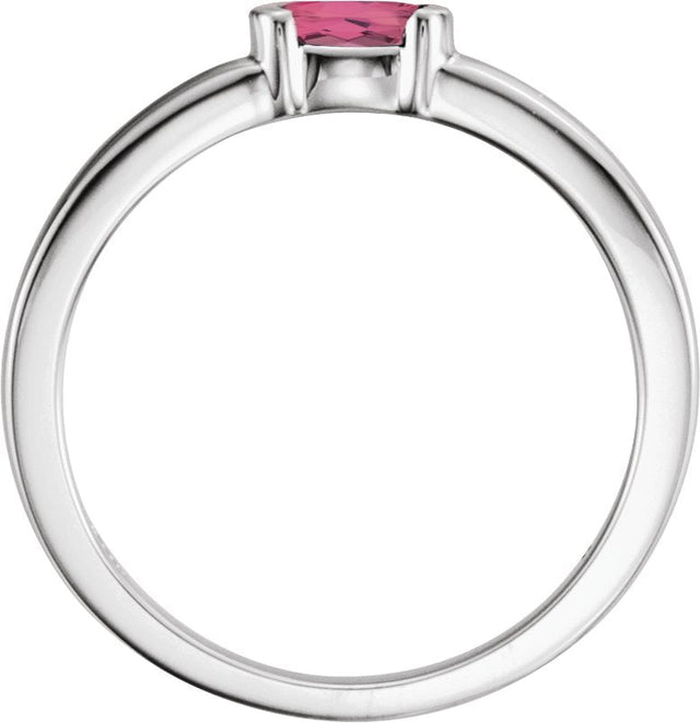 14K Gold Oval Natural Pink Tourmaline Half-Bezel Family Stackable Ring - White Gold