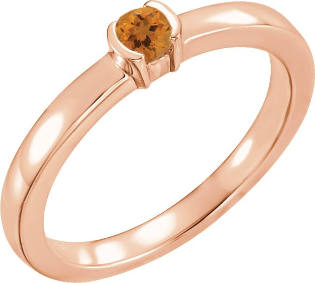 14K Gold Round Natural Citrine Half-Bezel Family Stackable Ring - Rose Gold