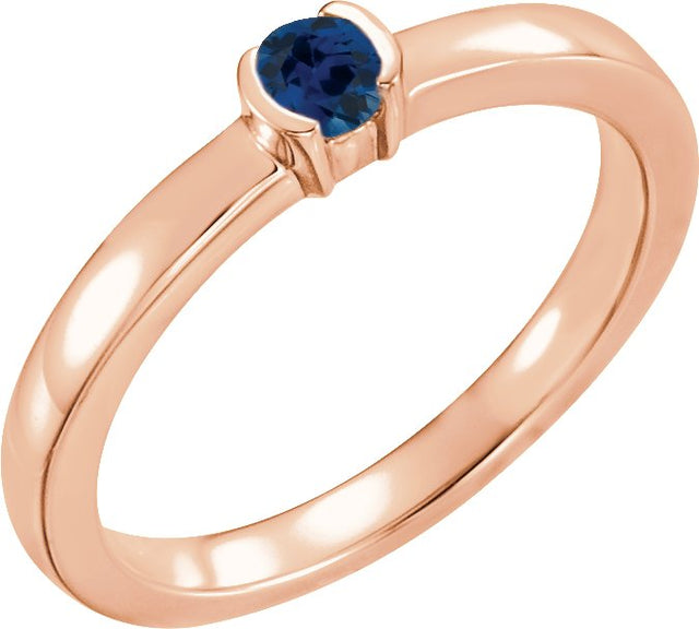 14K Gold Round Natural Blue Sapphire Half-Bezel Family Stackable Ring - Rose Gold